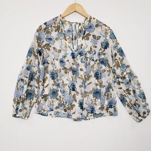 Mossimo Floral Blouse Womens Small Blue Rose Tie Back V Neck Top Prairie Boho